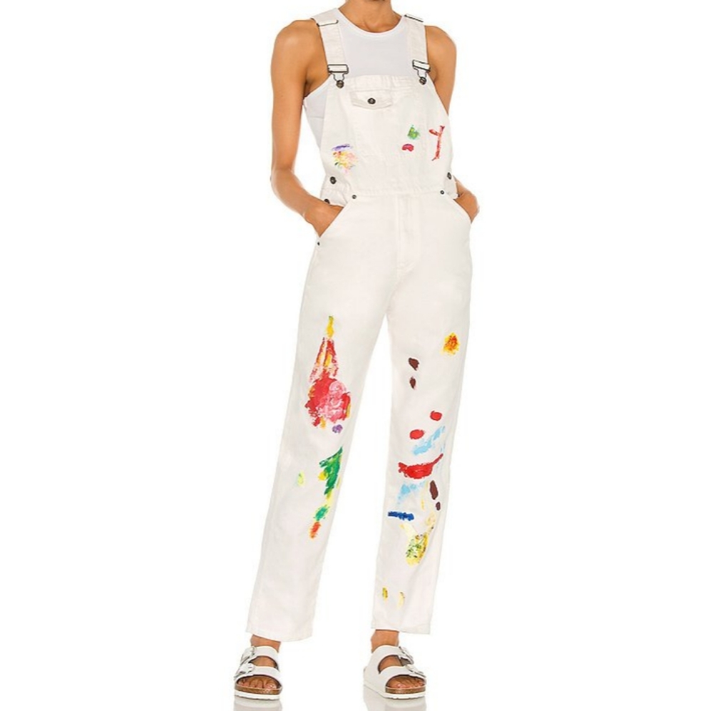 BY SAMMI RYAN & DESSIE JACKSON Artist Painted Studio Overalls in White Size S